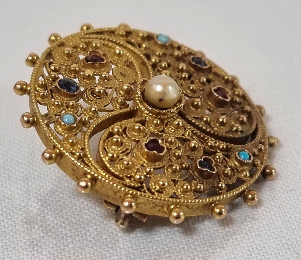 Broche ancienne en or 18 carats, filigrane et pierres précieuses-photo-3