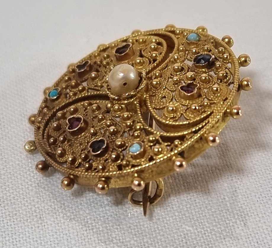 Broche ancienne en or 18 carats, filigrane et pierres précieuses-photo-4