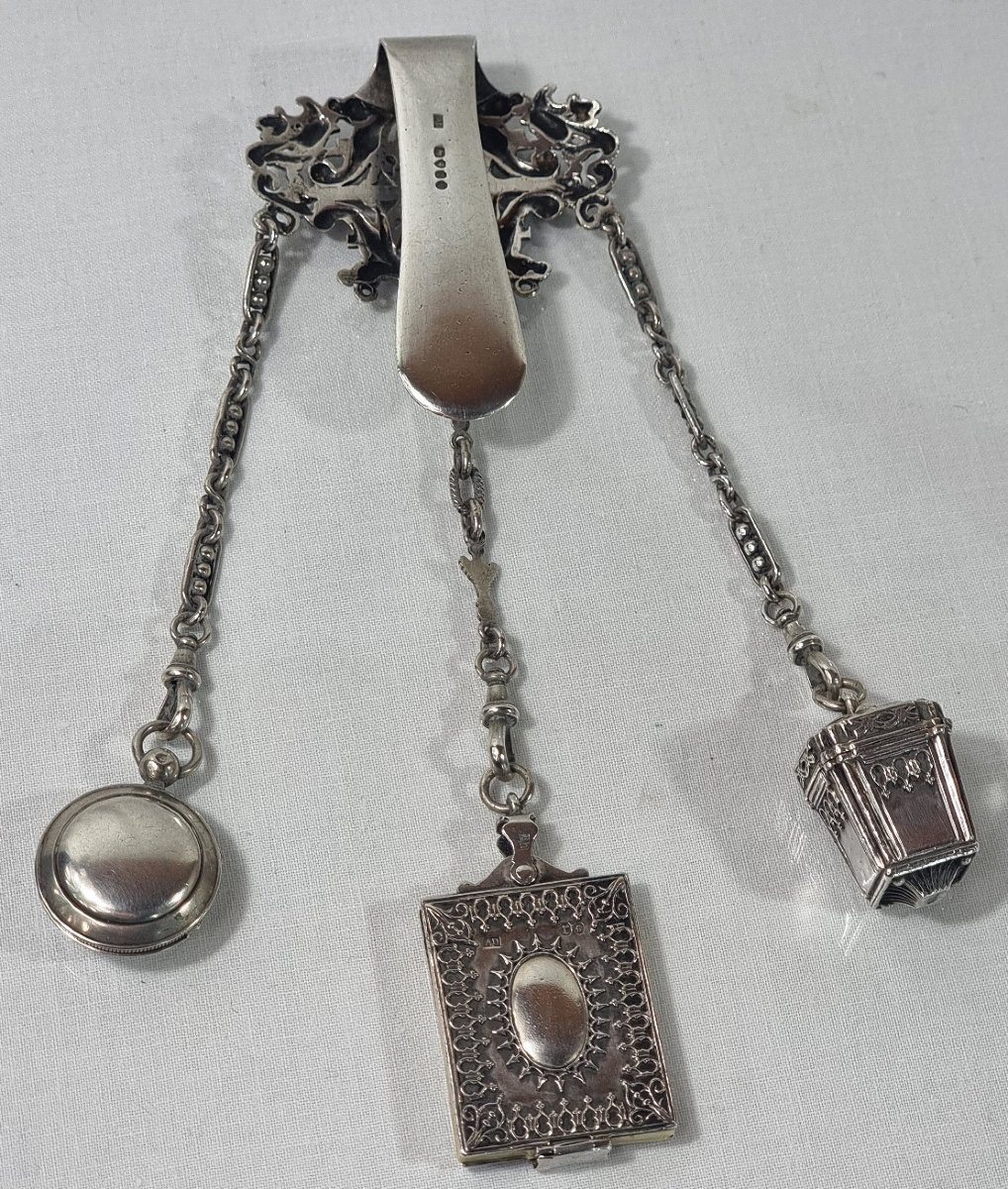 Châtelaine victorienne ancienne en argent massif, 1872-photo-3