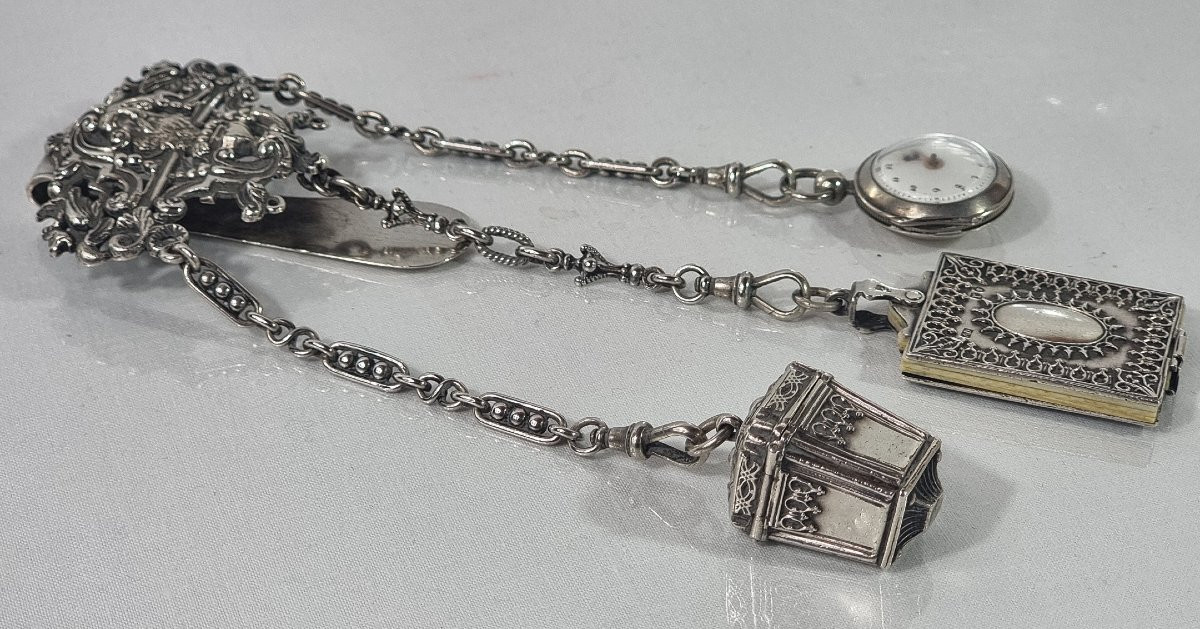 Châtelaine victorienne ancienne en argent massif, 1872-photo-4