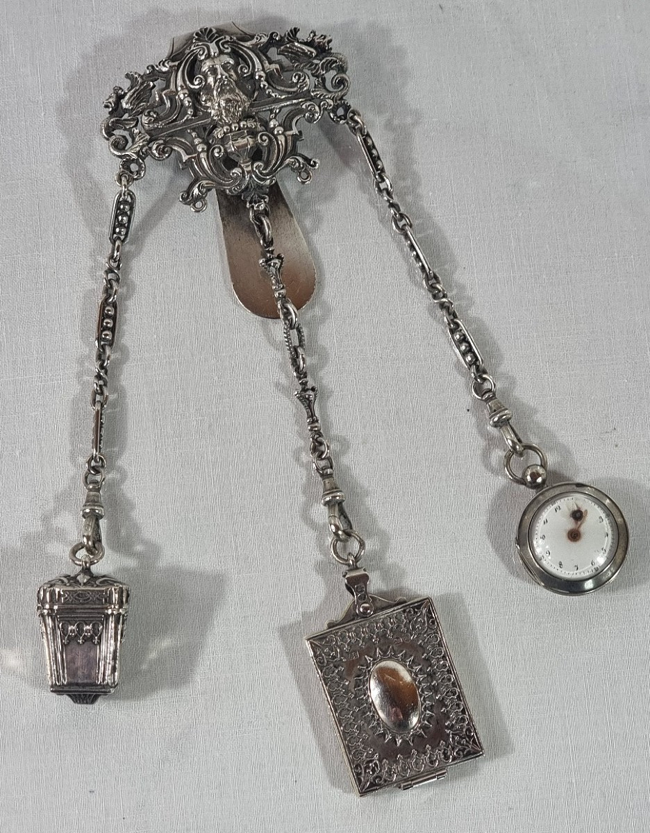 Châtelaine victorienne ancienne en argent massif, 1872