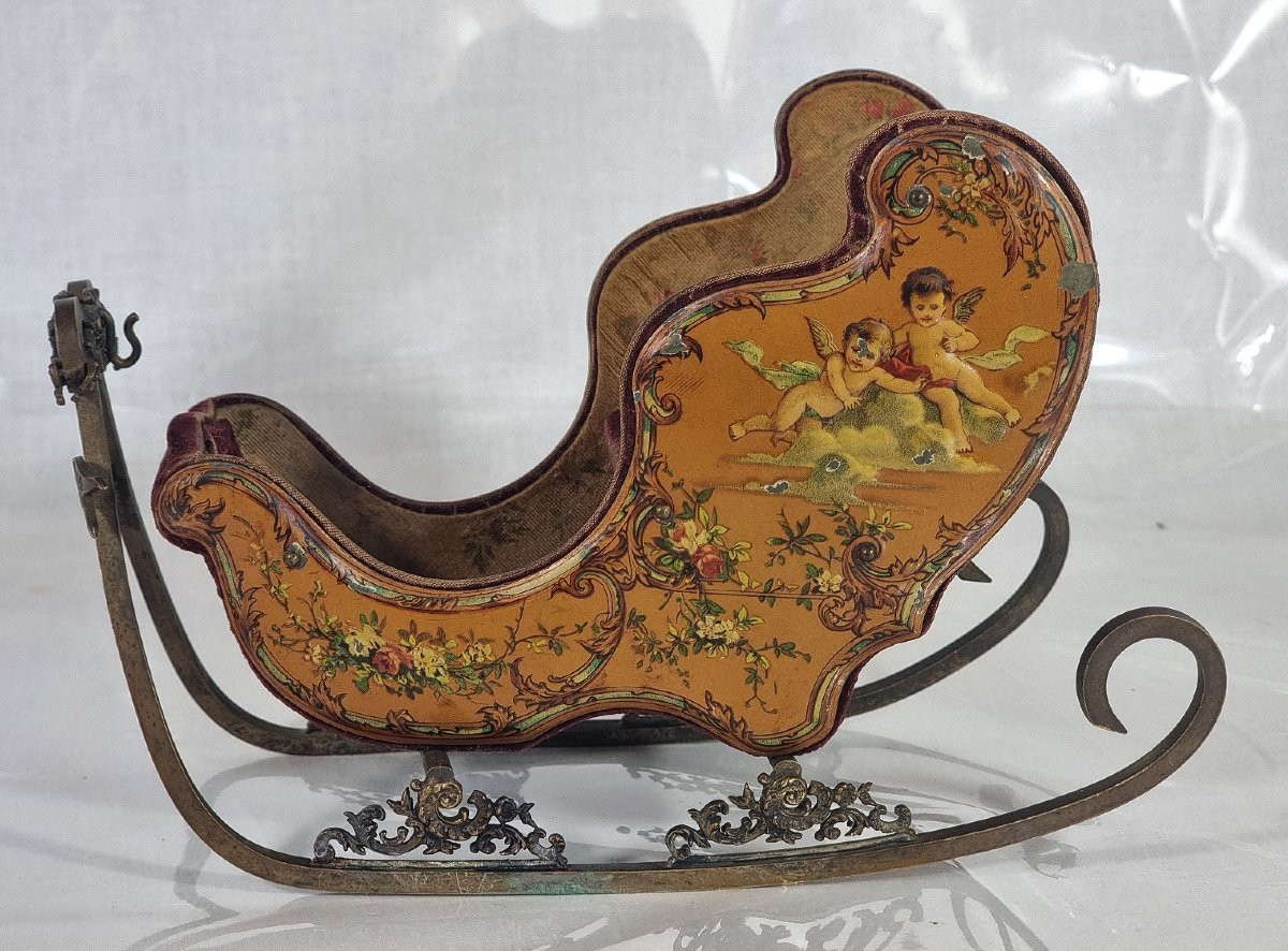  Traîneau miniature français ancien (« Fauteuil de salon ») avec panneaux en tôle-photo-3