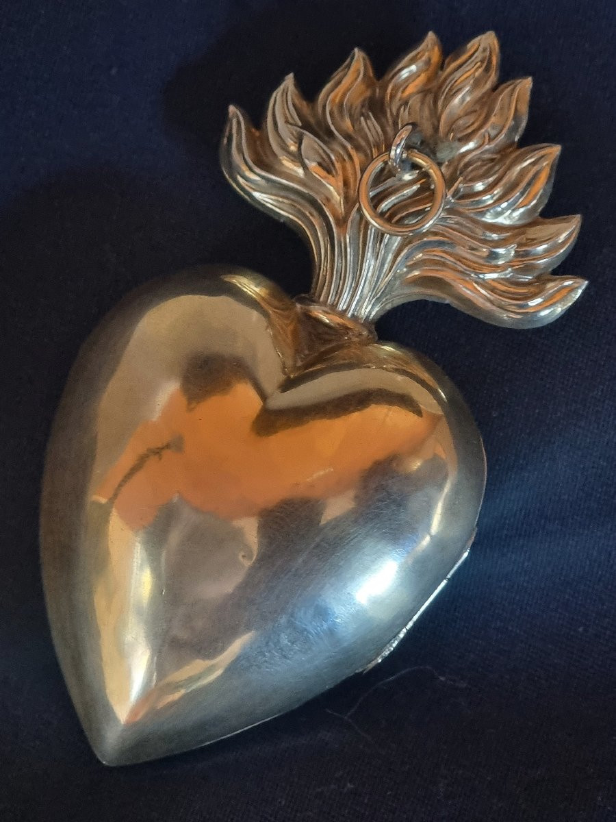 Sacred Flaming Heart In Sterling Silver, French Antique, Early 19th Century-photo-2