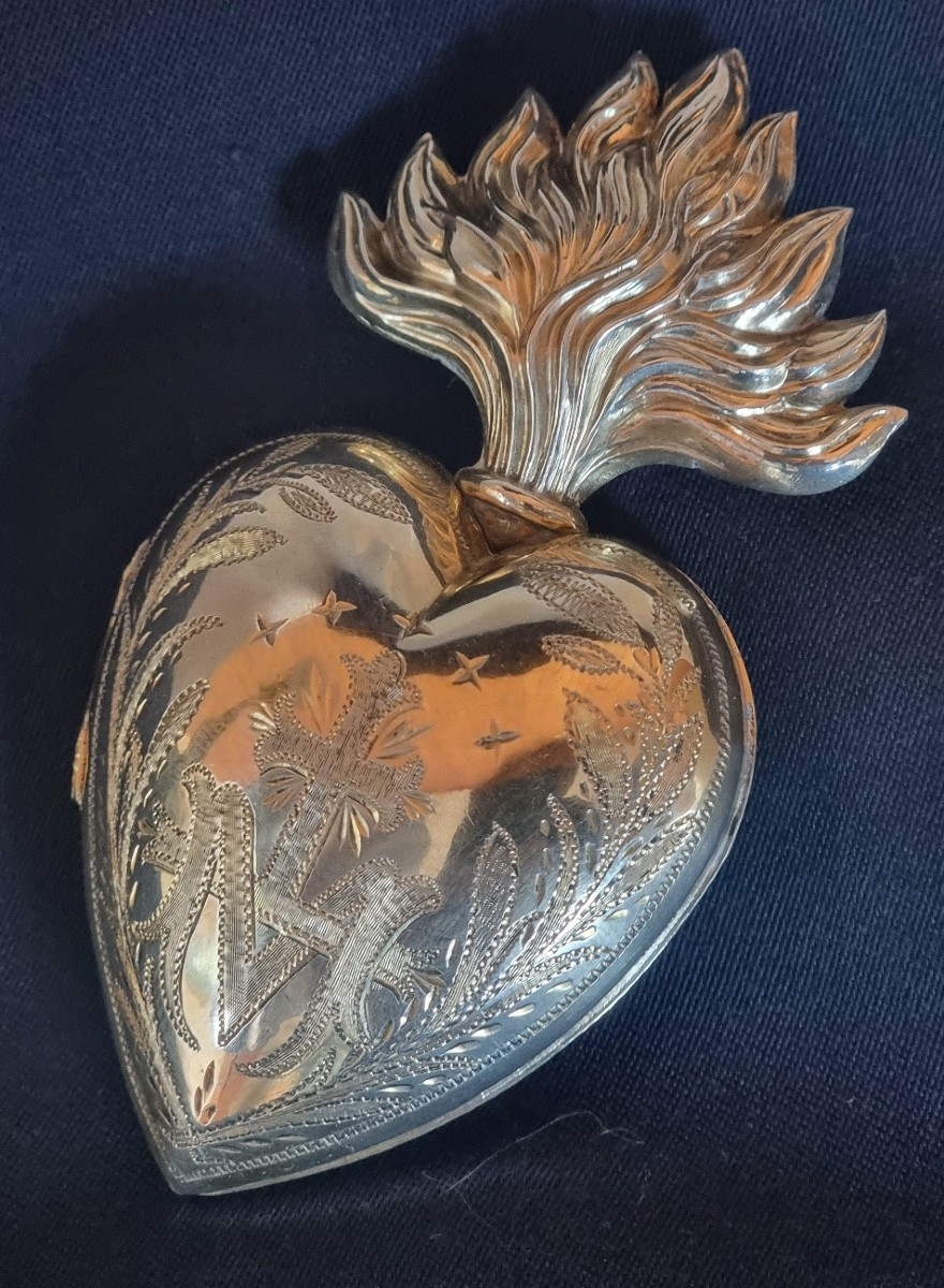 Sacred Flaming Heart In Sterling Silver, French Antique, Early 19th Century