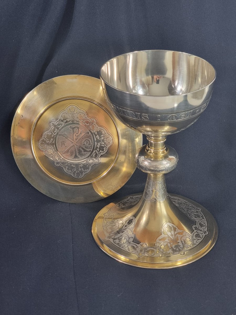 Calice néo-gothique français ancien en argent avec patène – Ensemble liturgique-photo-2