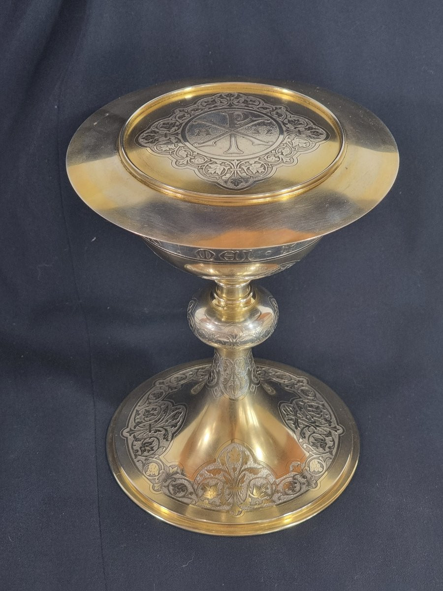 Calice néo-gothique français ancien en argent avec patène – Ensemble liturgique-photo-3