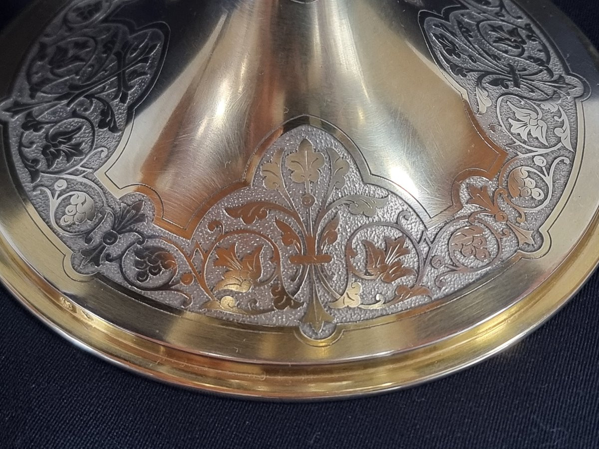 Calice néo-gothique français ancien en argent avec patène – Ensemble liturgique-photo-1
