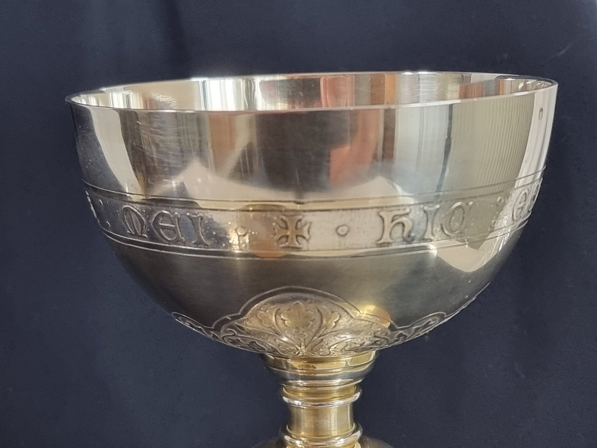 Calice néo-gothique français ancien en argent avec patène – Ensemble liturgique-photo-4