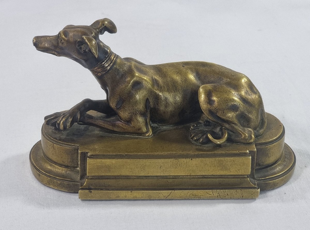 Antique French Sculpture In Solid Brass Depicting A Reclining Greyhound On A Classic Base-photo-2
