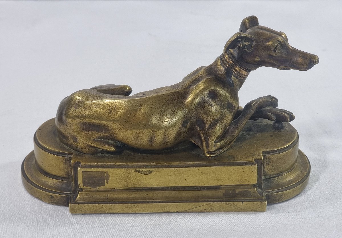 Antique French Sculpture In Solid Brass Depicting A Reclining Greyhound On A Classic Base-photo-4