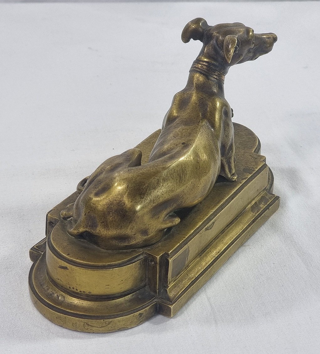 Antique French Sculpture In Solid Brass Depicting A Reclining Greyhound On A Classic Base-photo-1