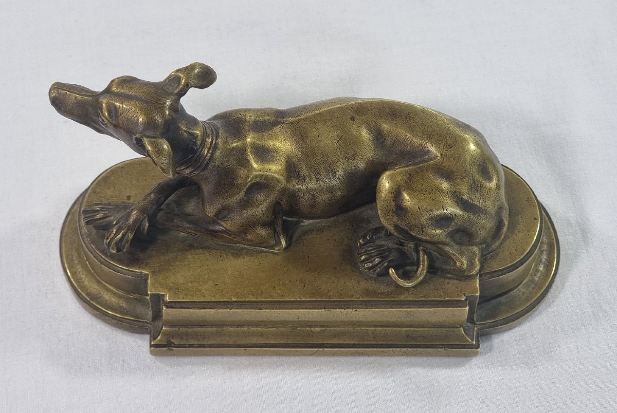 Antique French Sculpture In Solid Brass Depicting A Reclining Greyhound On A Classic Base-photo-2