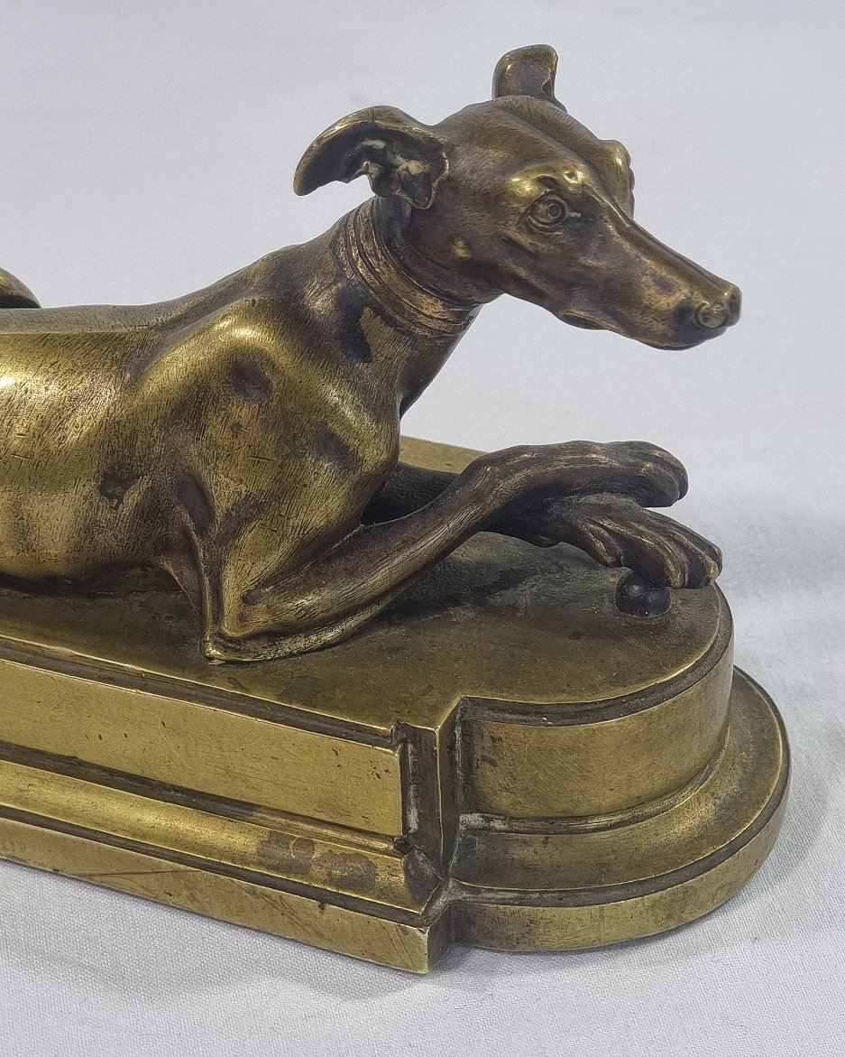 Antique French Sculpture In Solid Brass Depicting A Reclining Greyhound On A Classic Base-photo-3