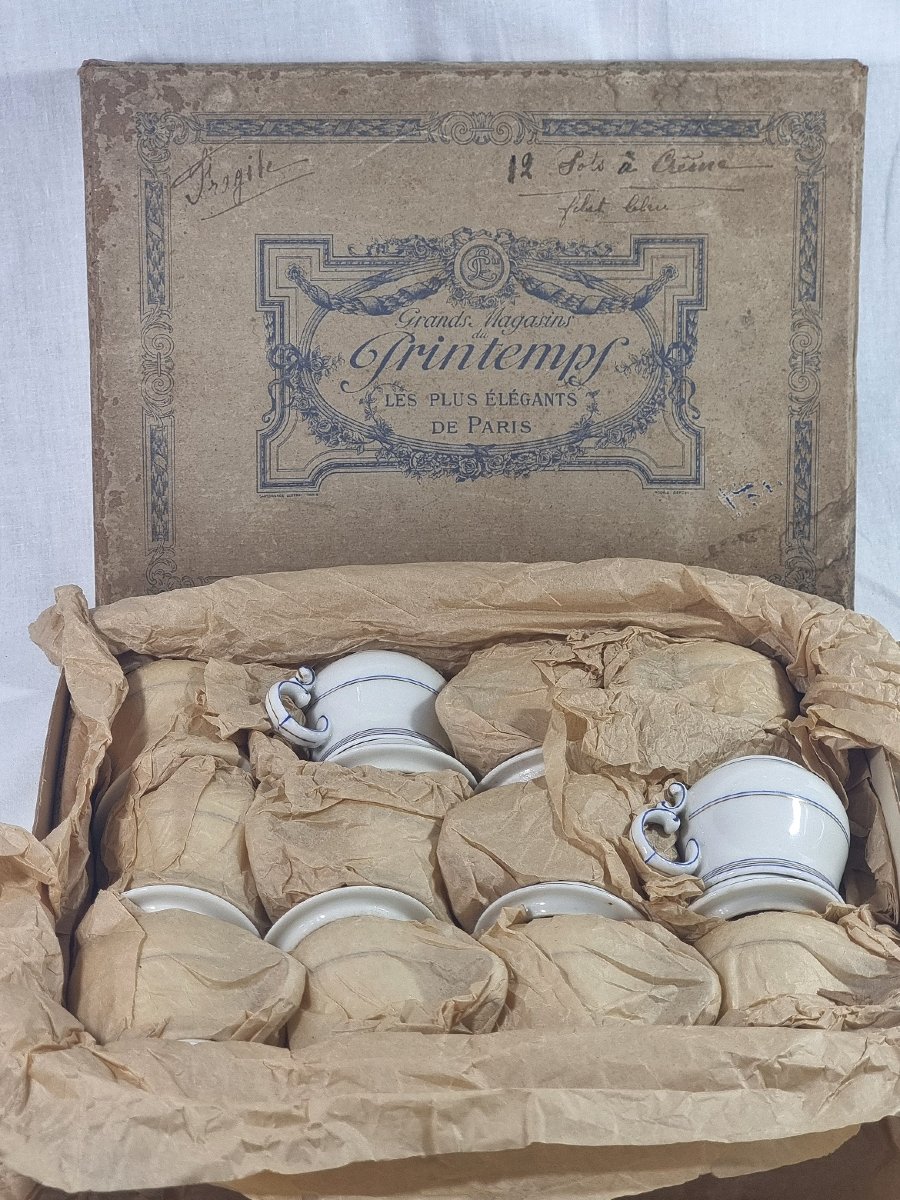 Complete Set Of 12 Antique Cream / Chocolate Porcelain Jars With Blue Trim-photo-2