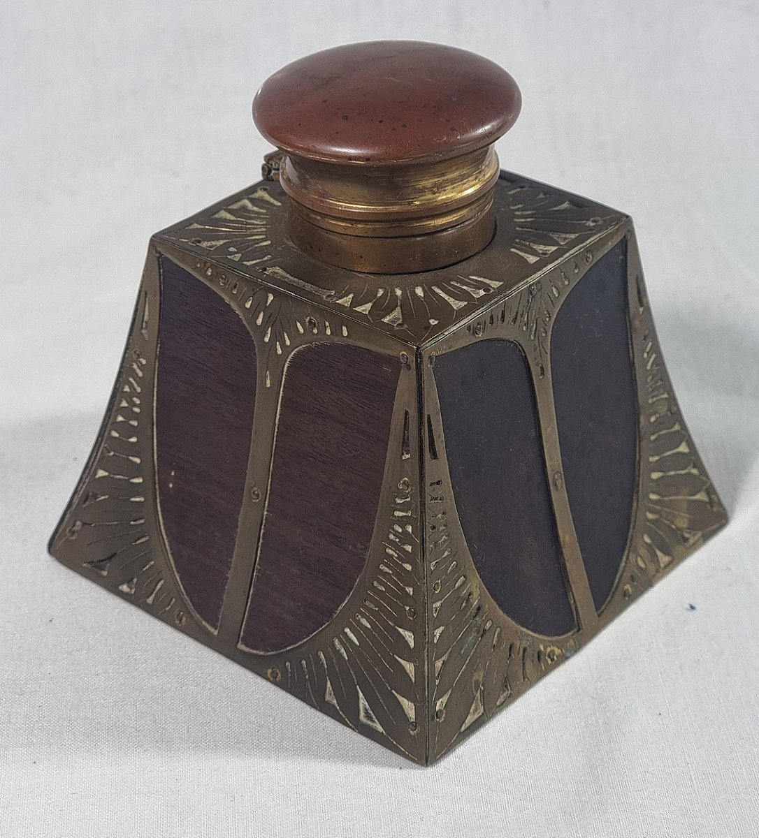 Encrier pyramidal Jugendstil en bois et laiton, attribué à Erhard & Söhne, Allemagne, vers-photo-2