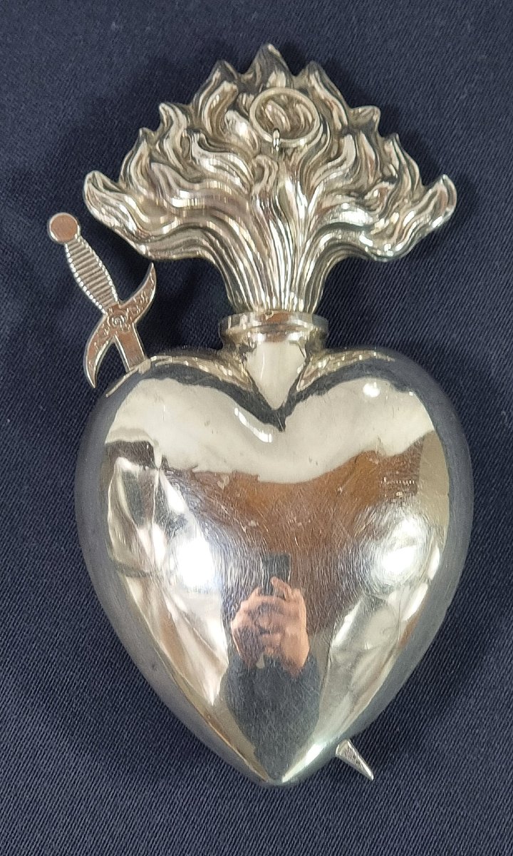 Antique French Sterling Silver Holy Water Bottle, Locket, Pierced Sacred Flaming Heart Pendant,-photo-2
