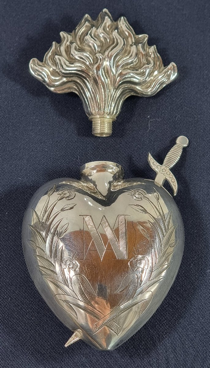 Antique French Sterling Silver Holy Water Bottle, Locket, Pierced Sacred Flaming Heart Pendant,-photo-3