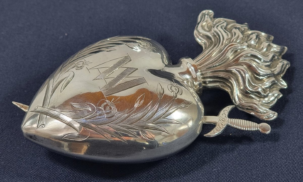 Antique French Sterling Silver Holy Water Bottle, Locket, Pierced Sacred Flaming Heart Pendant,-photo-1