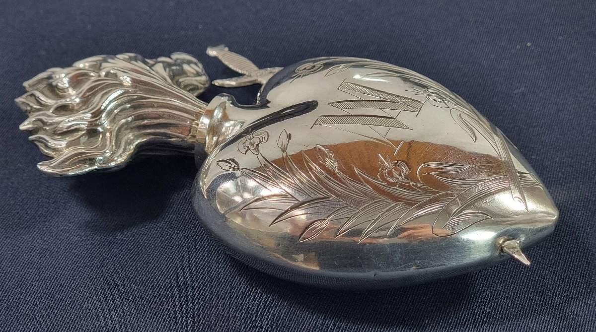Antique French Sterling Silver Holy Water Bottle, Locket, Pierced Sacred Flaming Heart Pendant,-photo-2