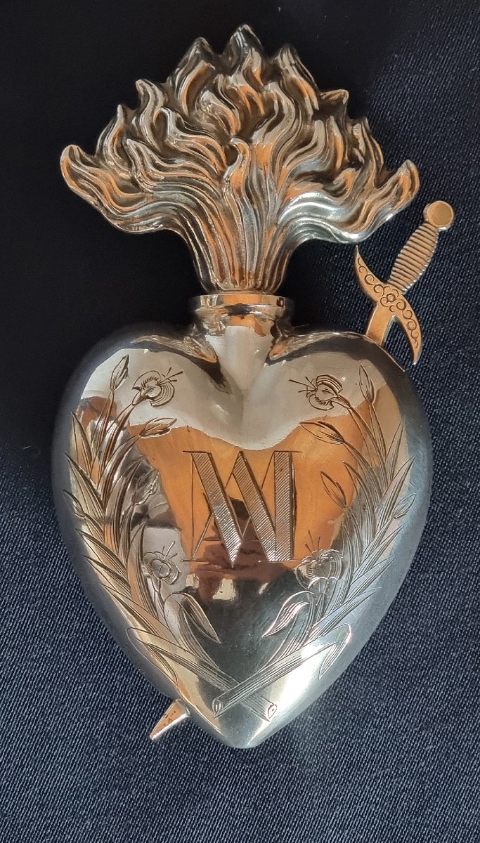 Antique French Sterling Silver Holy Water Bottle, Locket, Pierced Sacred Flaming Heart Pendant,