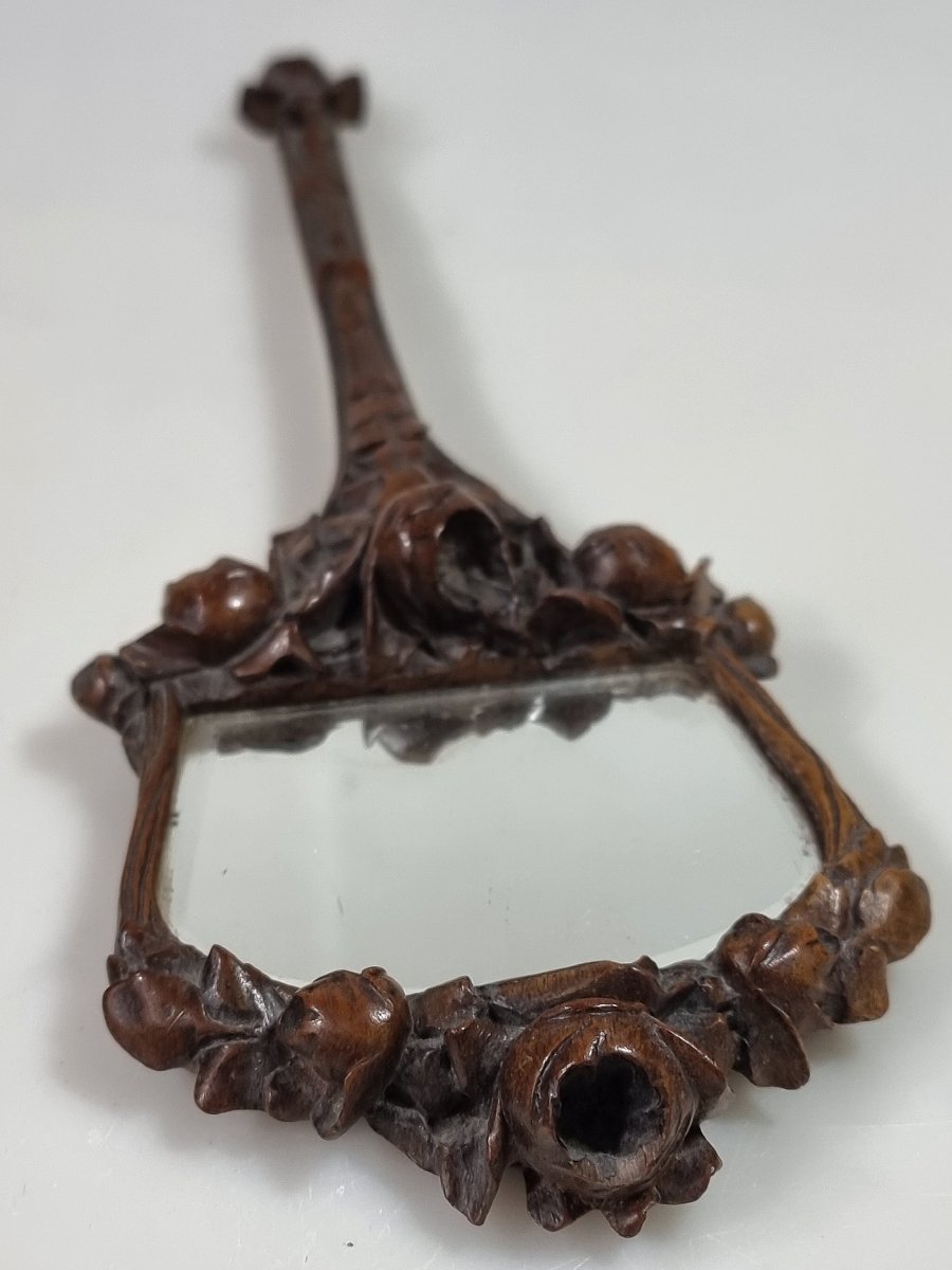 Miroir à main Art Nouveau français en bois sculpté, signé « Gaigneux », vers 1895-1910