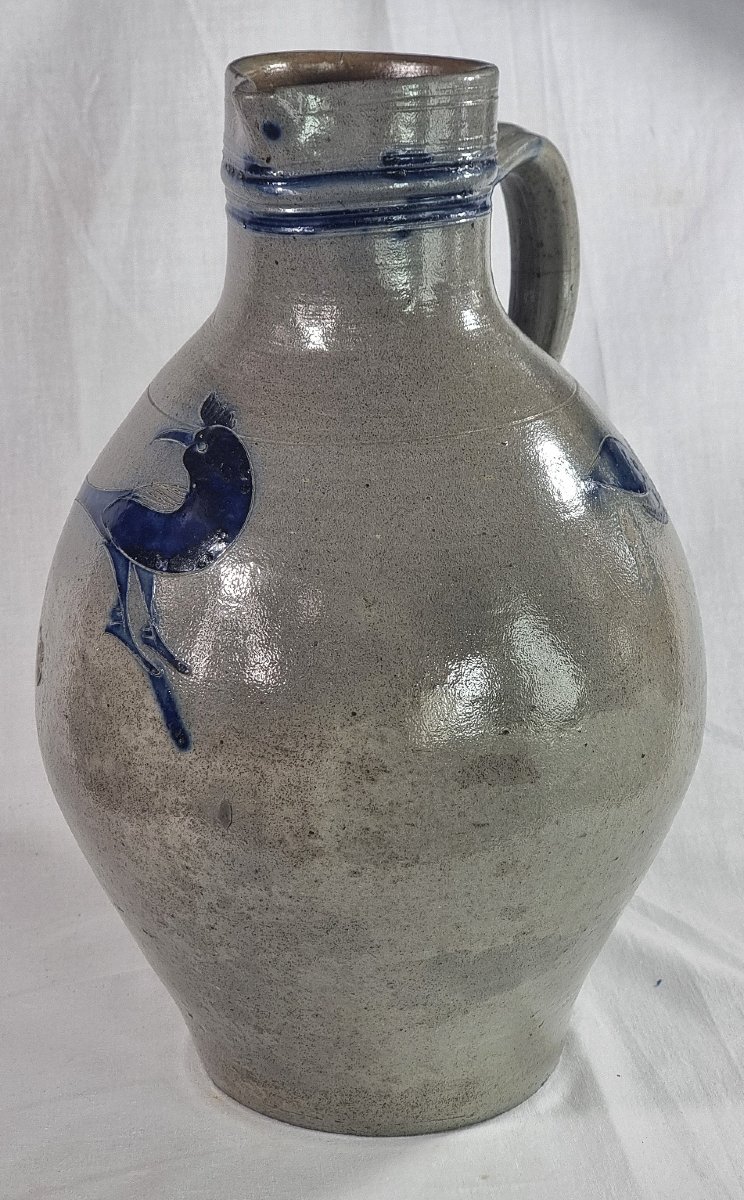 Cruche en grès de Betschdorf à décor d’oiseau bleu cobalt – Alsace, XIXe siècle