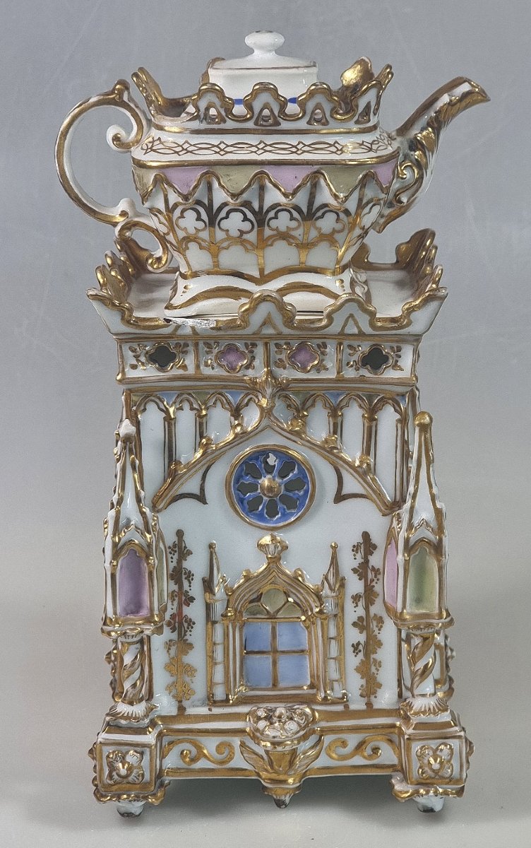 Rare veilleuse tisanière néogothique Vieux Paris, vers 1830-1850-photo-2