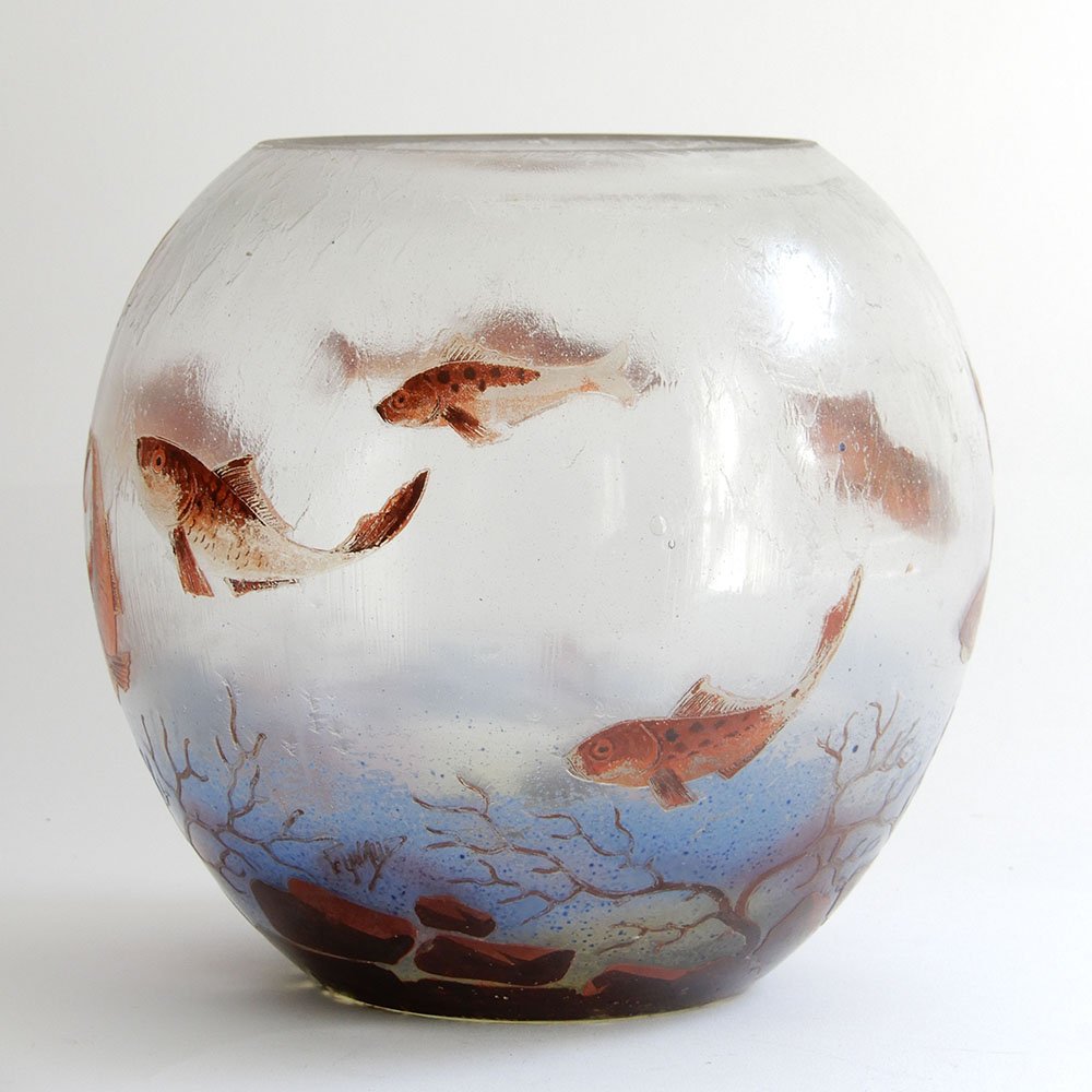 Jean-Simon Peynaud –  vase aquarium en verre opalescent à décor de poissons, vers 1920-photo-1