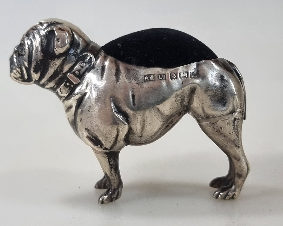 Antique English Pin Cushion, Solid Silver,  Bulldog  Adie & Lovekin  Birmingham 1911-photo-2