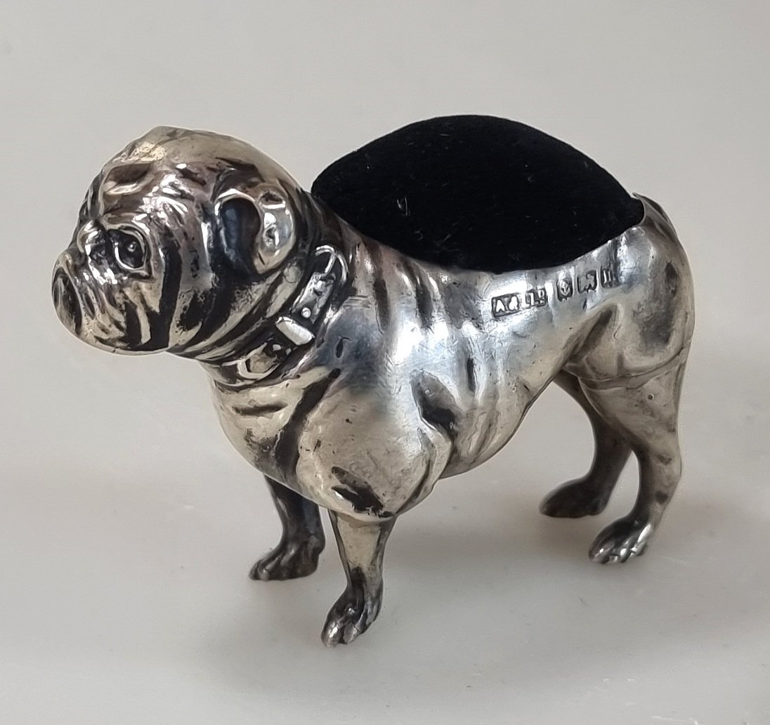Antique English Pin Cushion, Solid Silver,  Bulldog  Adie & Lovekin  Birmingham 1911