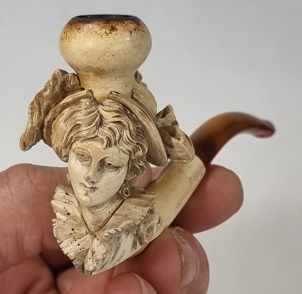 Antique Carved Sea-foam Pipe, Depicting A Woman's Bust, With Its Original Case – 19th Century-photo-4