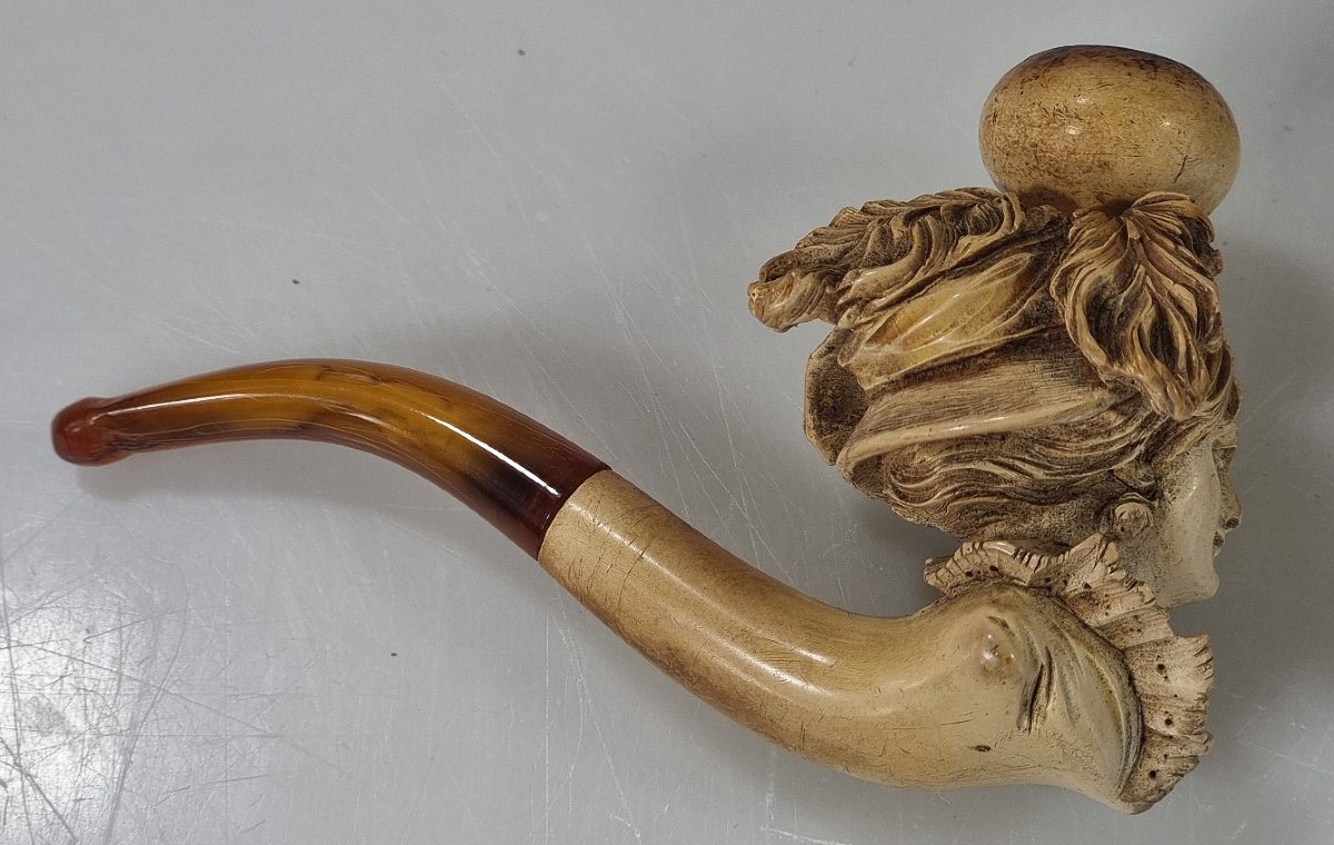 Antique Carved Sea-foam Pipe, Depicting A Woman's Bust, With Its Original Case – 19th Century-photo-3