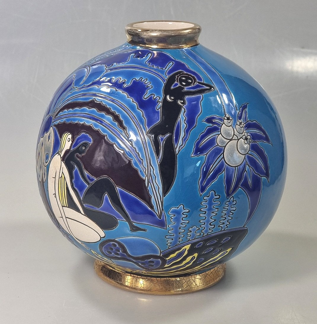 Vase boule Art déco Longwy Primavera « Les Baigneuses » – Jean Olin – 18,5 cm-photo-4