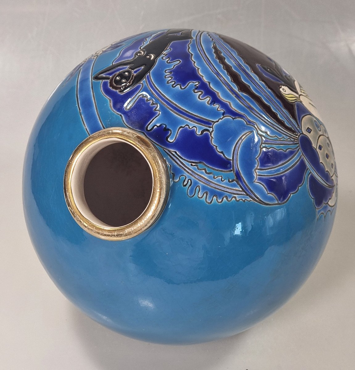 Vase boule Art déco Longwy Primavera « Les Baigneuses » – Jean Olin – 18,5 cm-photo-1