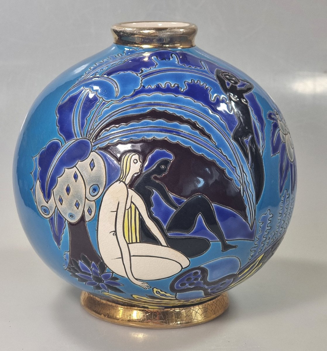 Vase boule Art déco Longwy Primavera « Les Baigneuses » – Jean Olin – 18,5 cm