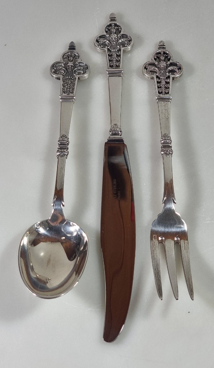 Christofle Renaissance Three-piece Silverware Set In 0.925 Sterling Silver – Cardeilhac Model-photo-3