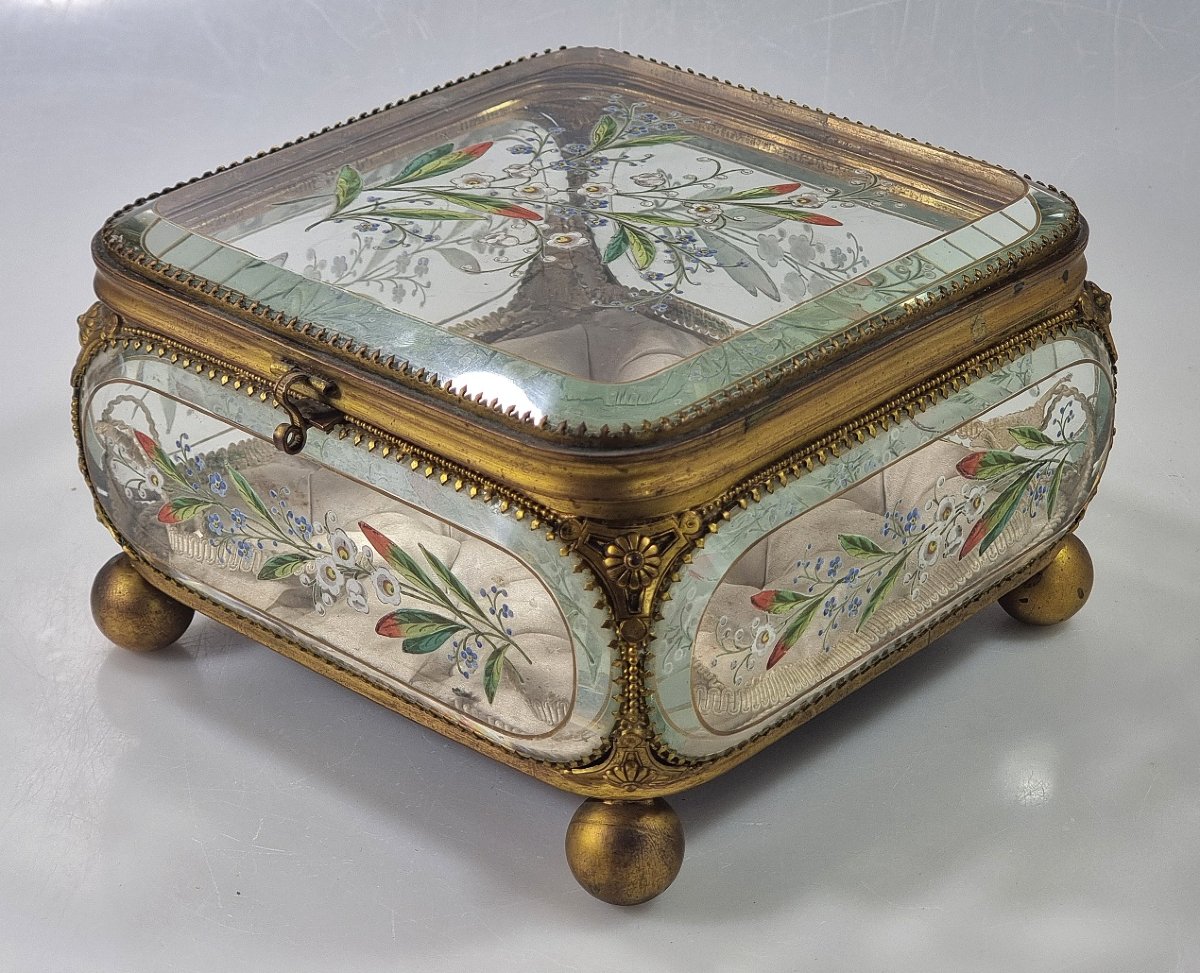 Grand coffret à bijoux français Napoléon III en verre peint et laiton doré – vers 1870-1890-photo-2