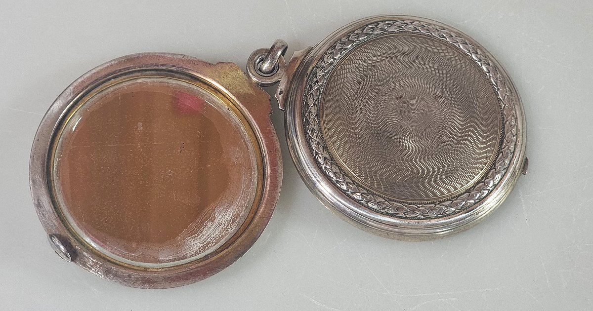 Ancien miroir de poche pliant français en argent – Guilloché – XIXe siècle-photo-2