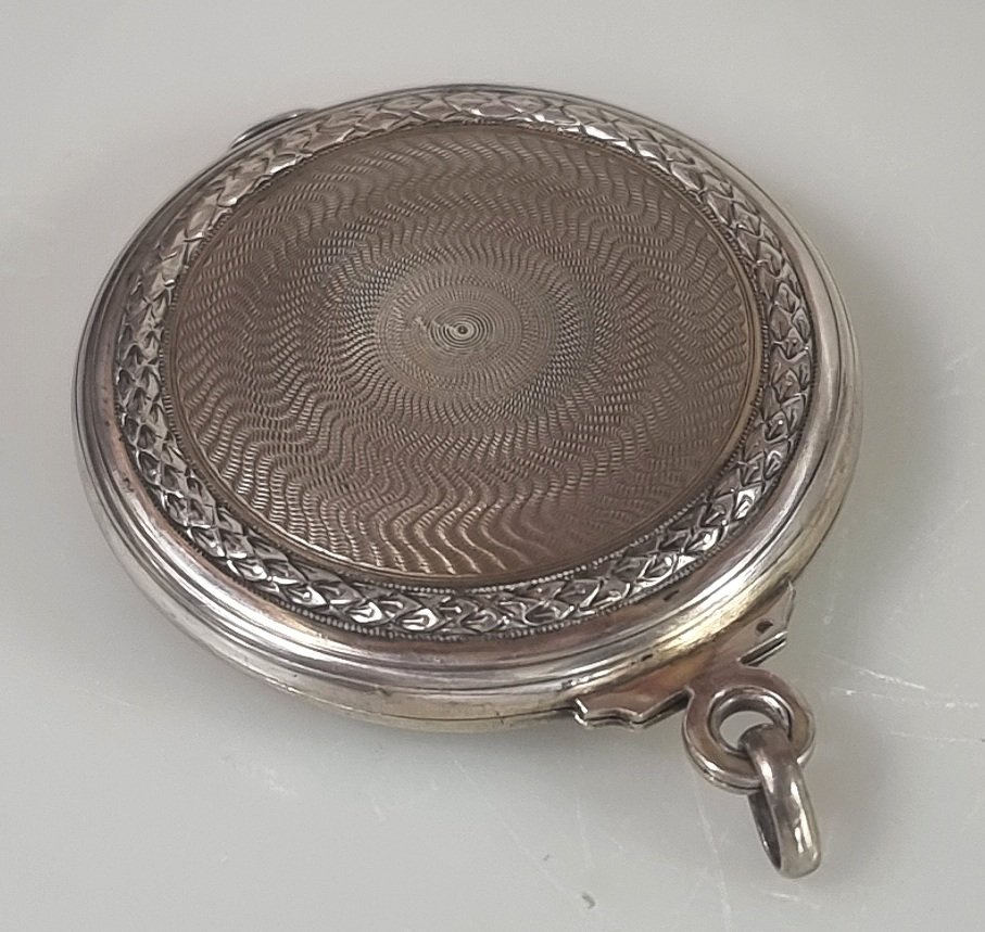 Ancien miroir de poche pliant français en argent – Guilloché – XIXe siècle-photo-3