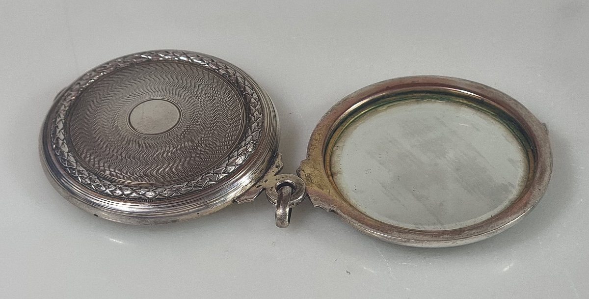 Ancien miroir de poche pliant français en argent – Guilloché – XIXe siècle-photo-4