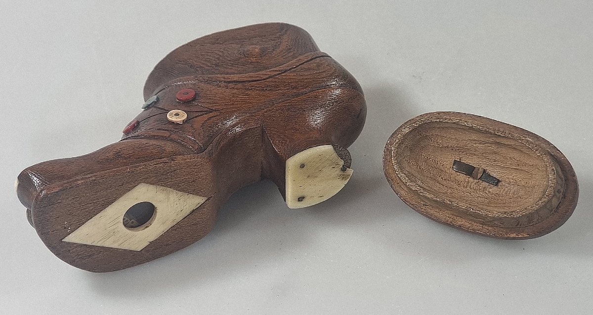 Tabatière et boîte à dés ancienne en bois en forme de chaussure – incrustations d’os – XIXe siè-photo-2