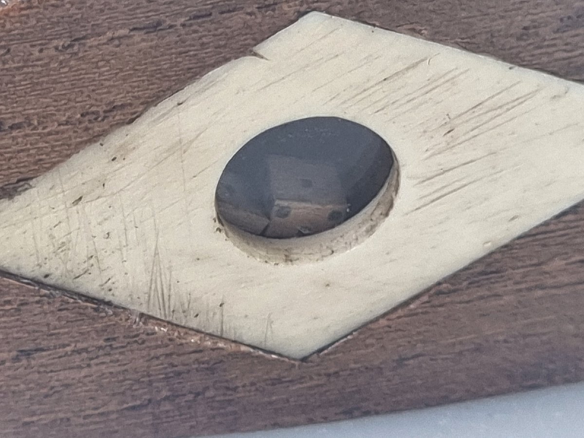 Tabatière et boîte à dés ancienne en bois en forme de chaussure – incrustations d’os – XIXe siè-photo-3