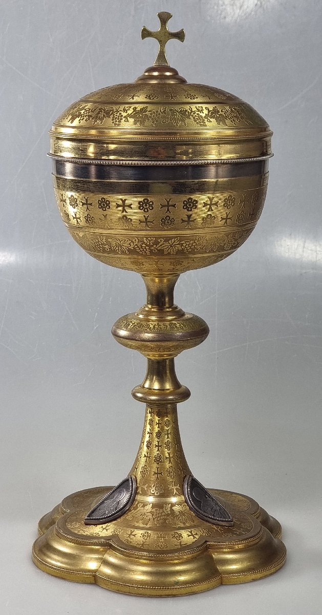 Ciboire ancien français par Favier Frères – coupe en argent et bronze doré-photo-3