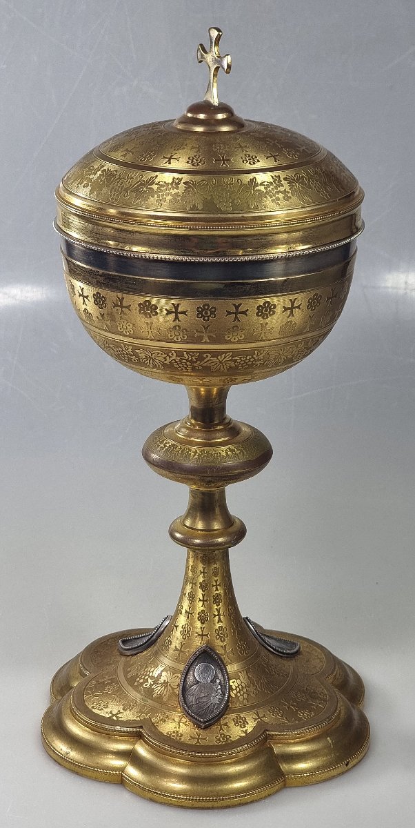 Ciboire ancien français par Favier Frères – coupe en argent et bronze doré-photo-1