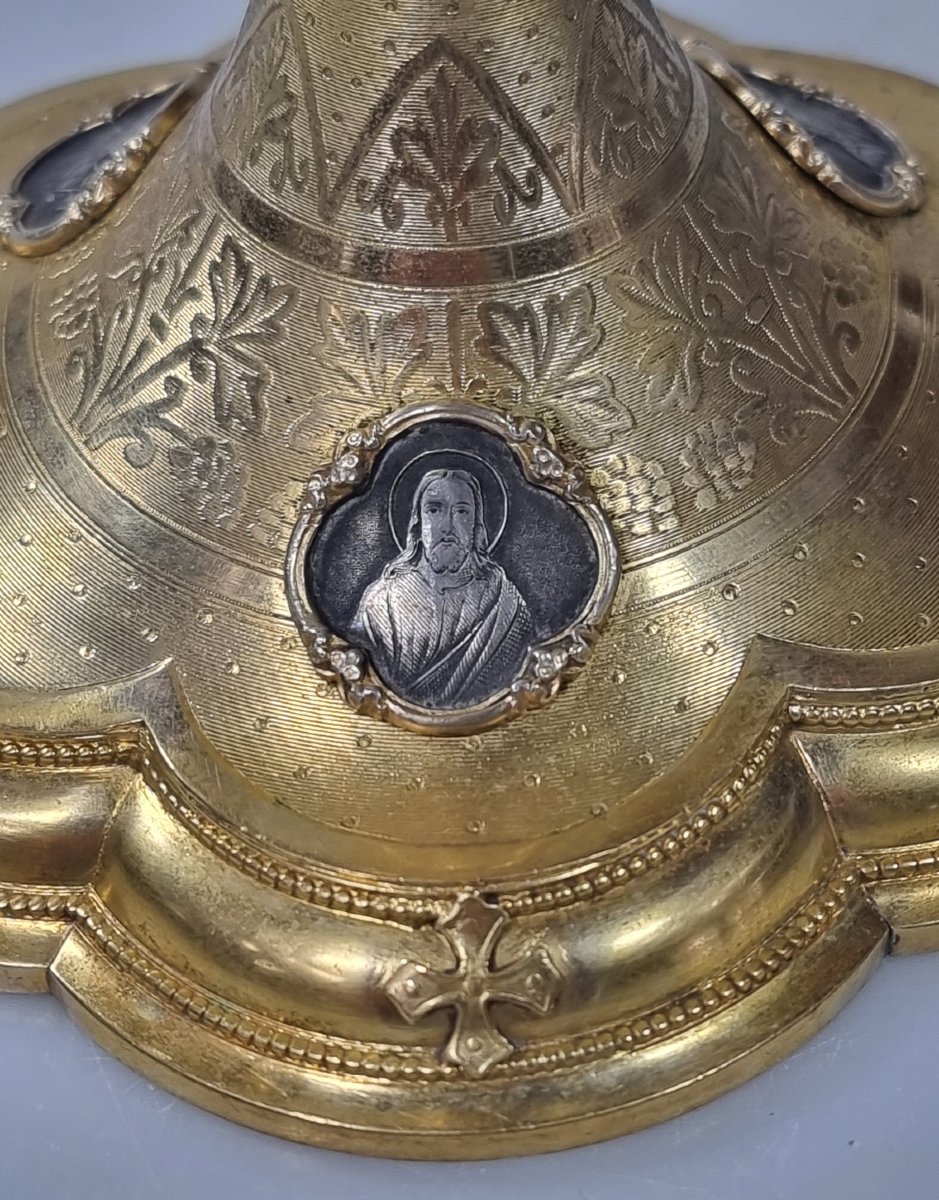 Calice ancien français en bronze doré avec coupe en argent – XIXe siècle-photo-2