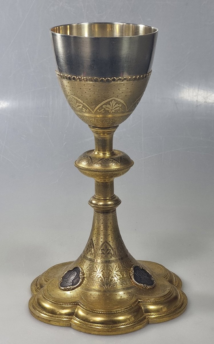 Calice ancien français en bronze doré avec coupe en argent – XIXe siècle-photo-3