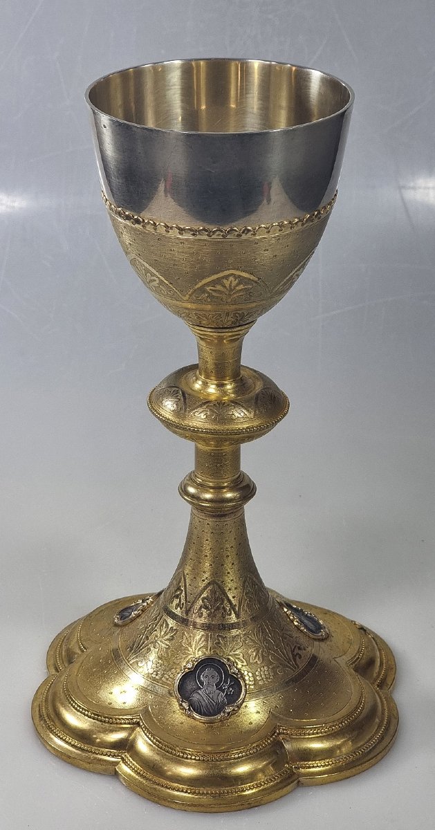 Calice ancien français en bronze doré avec coupe en argent – XIXe siècle-photo-1
