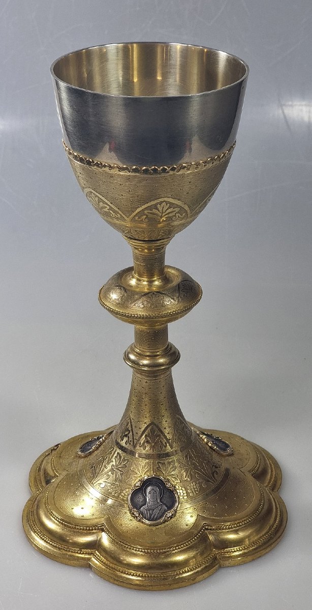 Calice ancien français en bronze doré avec coupe en argent – XIXe siècle-photo-3
