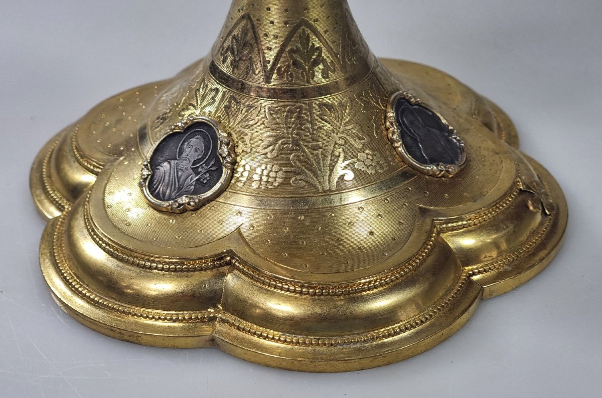 Calice ancien français en bronze doré avec coupe en argent – XIXe siècle-photo-4