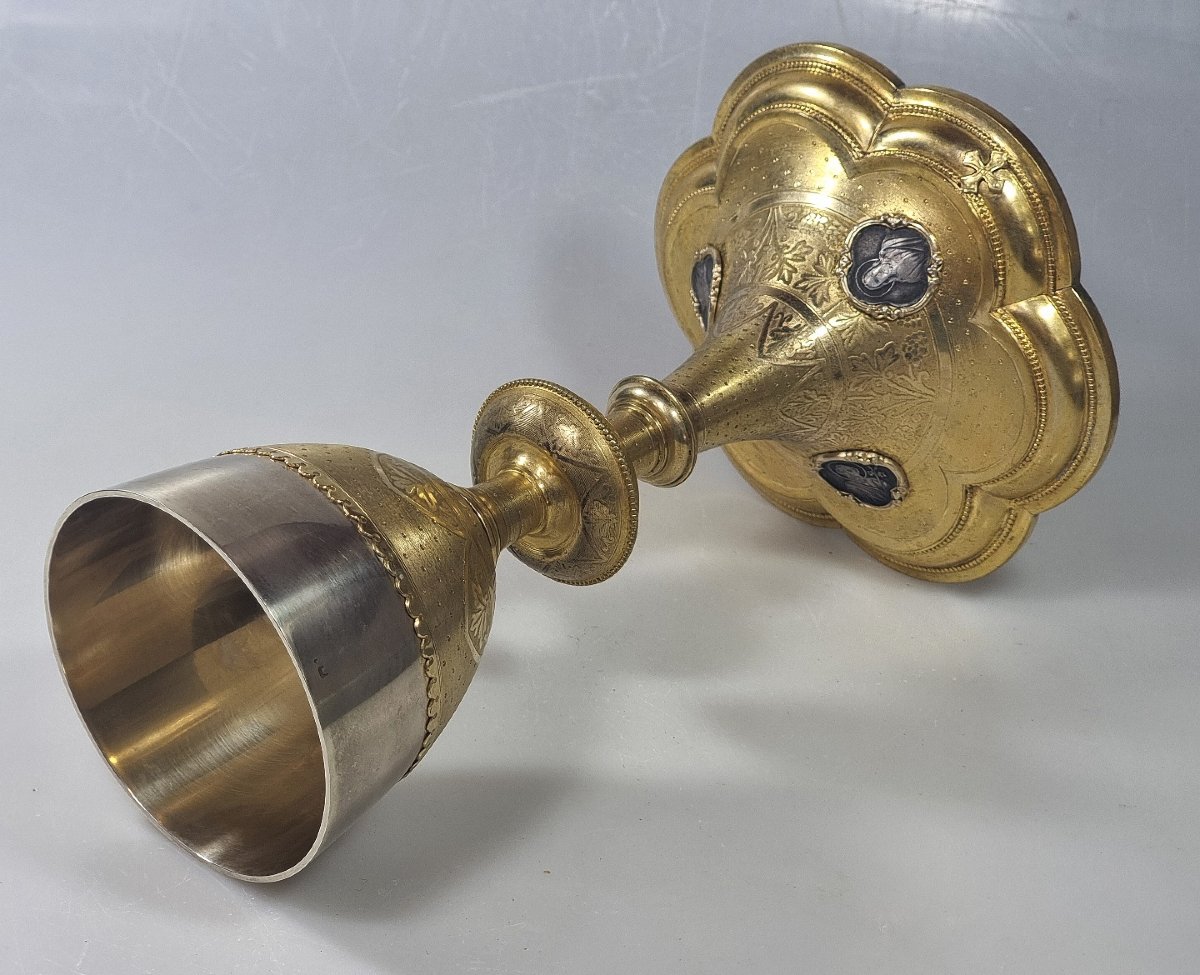 Calice ancien français en bronze doré avec coupe en argent – XIXe siècle-photo-5